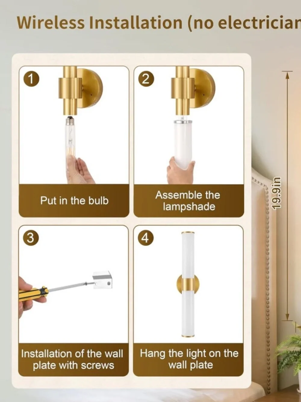 Gold Battery Operated Wall Sconces Set of 2 with White Glass Lamp Shade